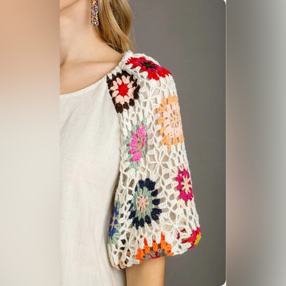 EUC Women’s UMGEE $70 Linen Blend Crochet Sleeve Top Plus Size 1XL Boho Beach - Picture 3 of 16